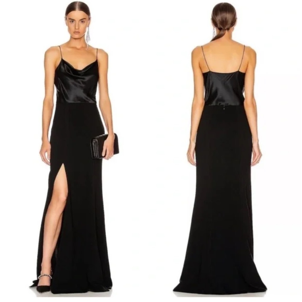 cinq a sept black Ana Gown drape neck satin upper formal dress 6